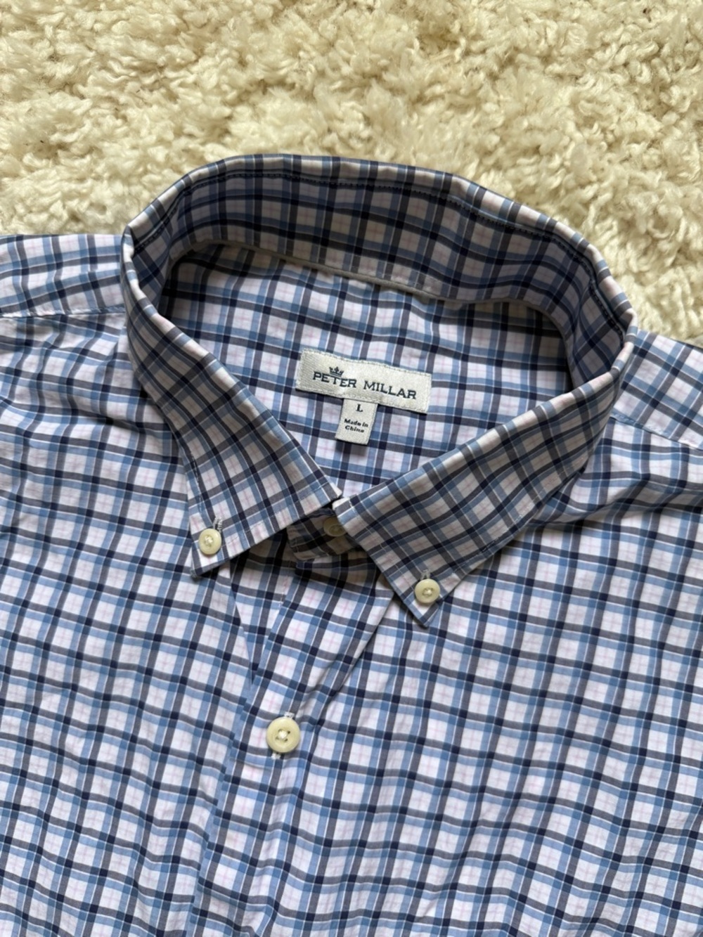 Peter Millar Men’s Large Blue, White & Light Pink Plaid Shirt. MINT condition!